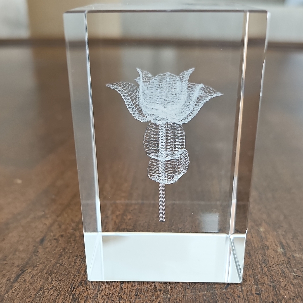 3D Laser-etched Crystal Glass Rose Paperweight